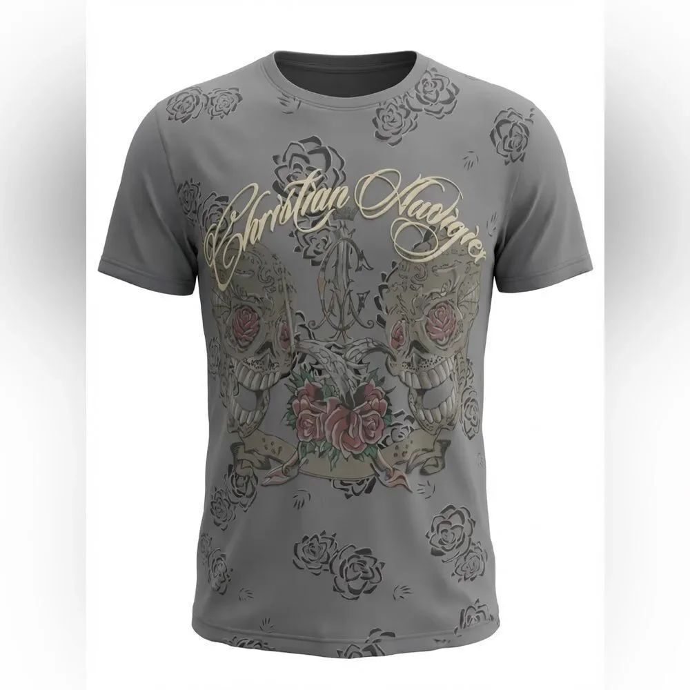 CHRISTIAN AUDIGIER MENS T SHIRT GRAY WITH GOLD DESIGN SIZE M